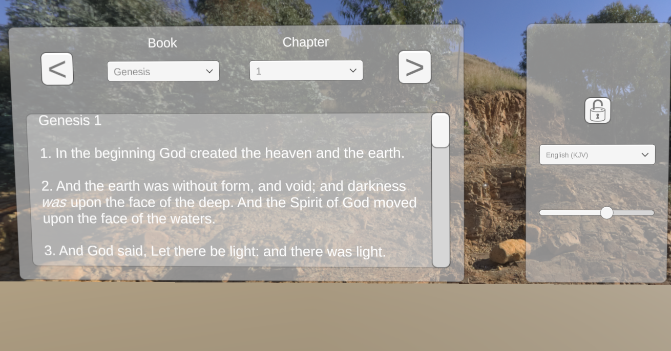 VRChat Bible reader showing Genesis chapter 1, book and chapter selectors, a language selector and a lock control