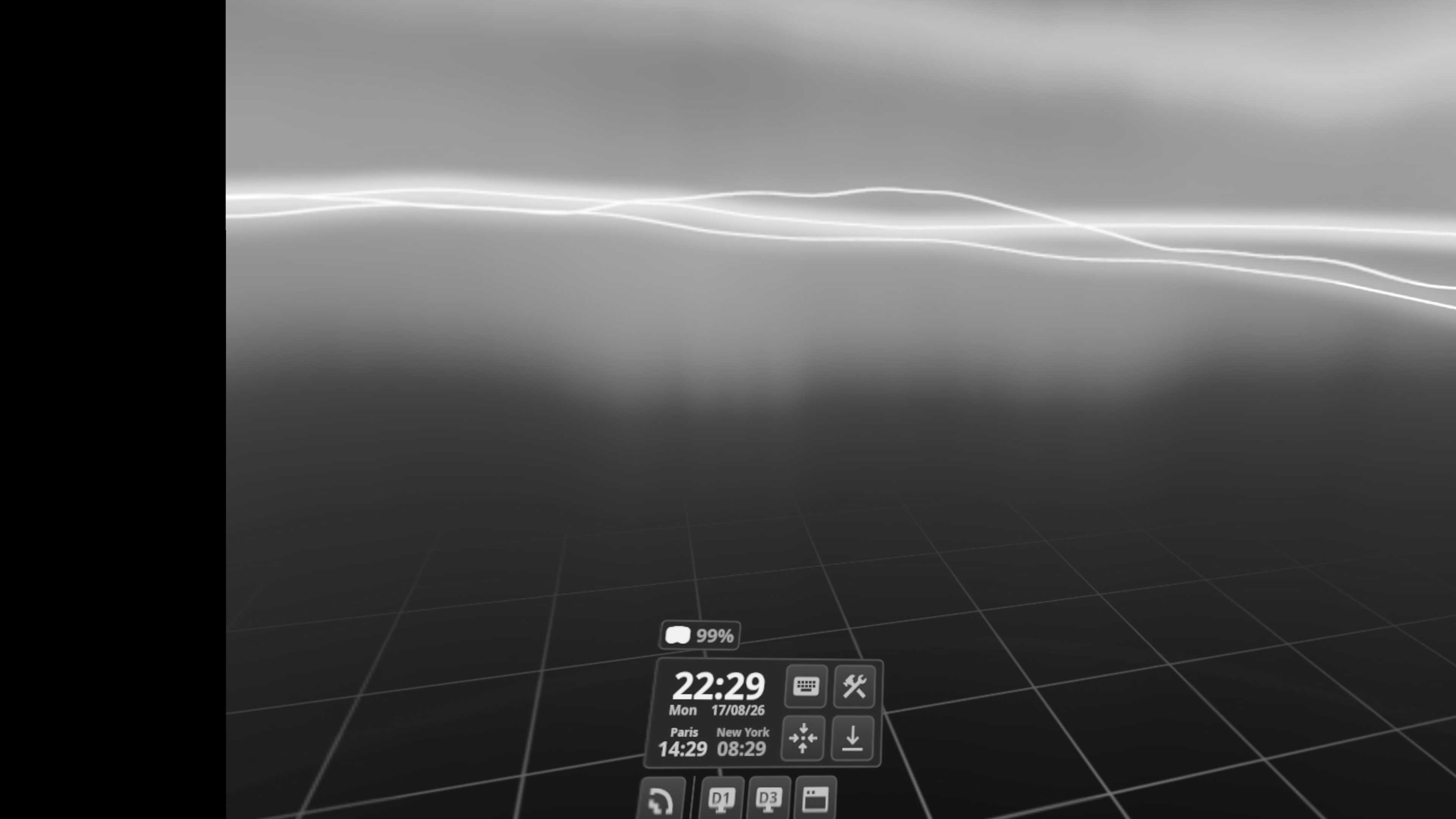 Greyscale view inside a VR headset showing a misty horizon, floor grid and headset status overlay
